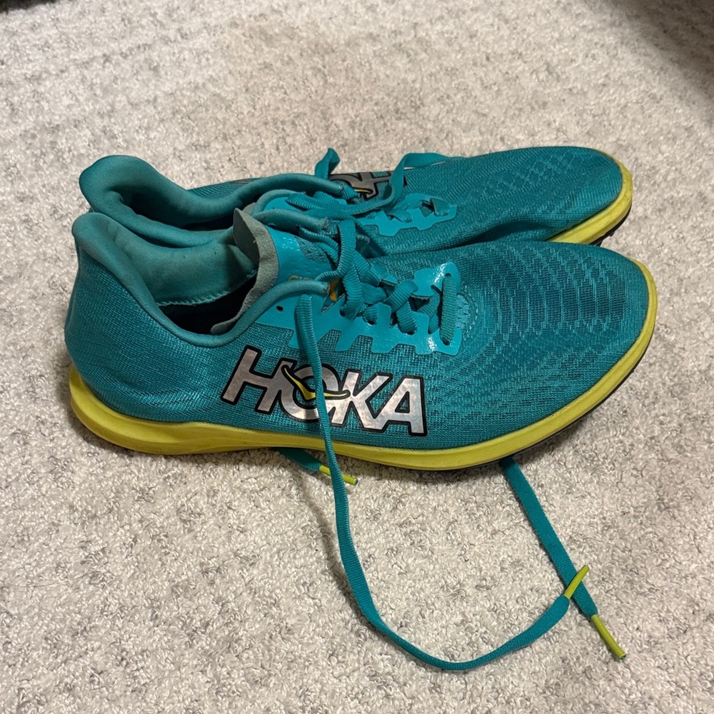HOKA  Teal and Yellow running spikes